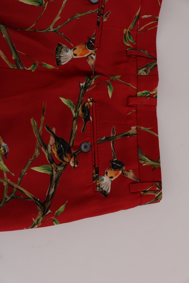 Dolce & Gabbana Elegant Silk Dress Trousers in Red Bird Print