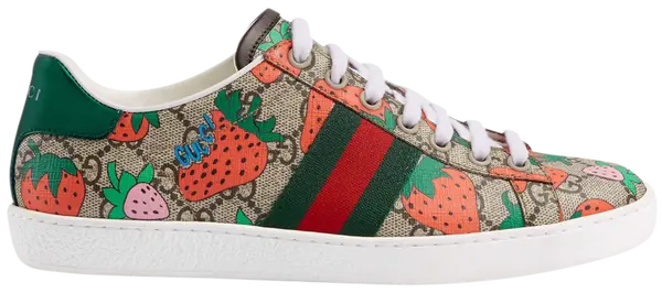 Gucci Wmns Ace 'Strawberry Beige' sneaker in GG Supreme canvas with red strawberry print and white rubber sole.

