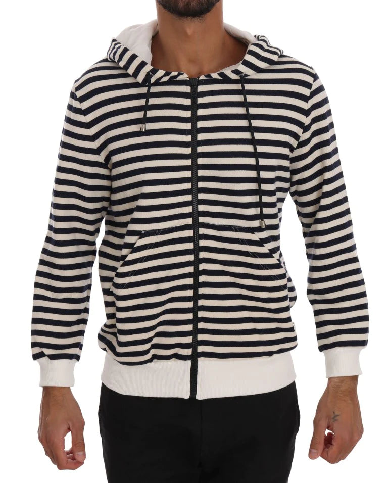 Daniele Alessandrini Blue White Striped Hooded Cotton Sweater - GENUINE AUTHENTIC BRAND LLC  