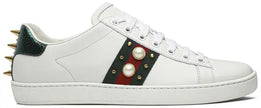 Gucci Wmns Ace Studded 'White' sneaker in leather with metallic silver studs on heel and midsole detailing.