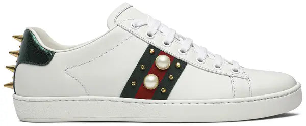 Gucci Wmns Ace Studded 'White' sneaker in leather with metallic silver studs on heel and midsole detailing.