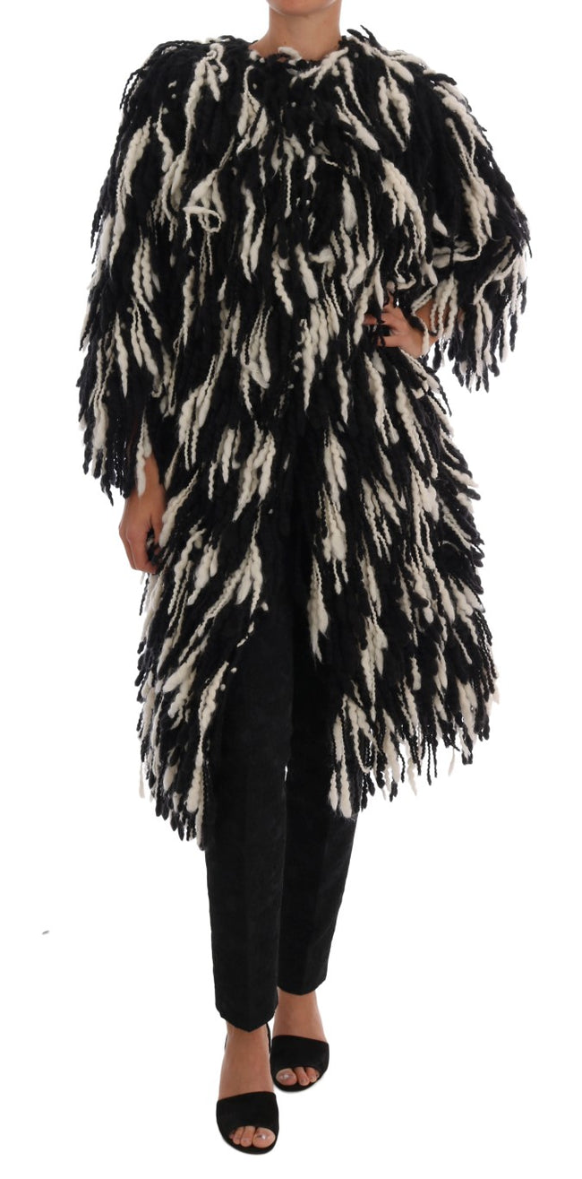 Dolce & Gabbana Chaqueta abrigo de lana con flecos en blanco y negro