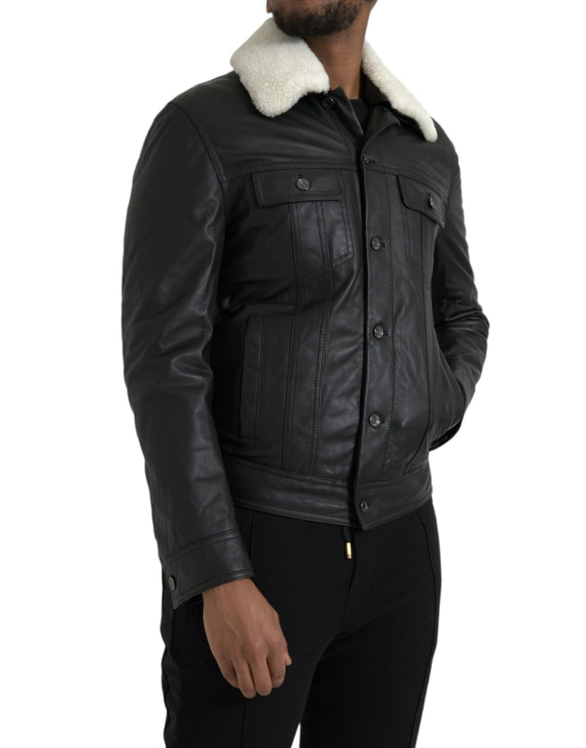 Dolce & Gabbana Black Leather Fur Collar Biker Coat Jacket