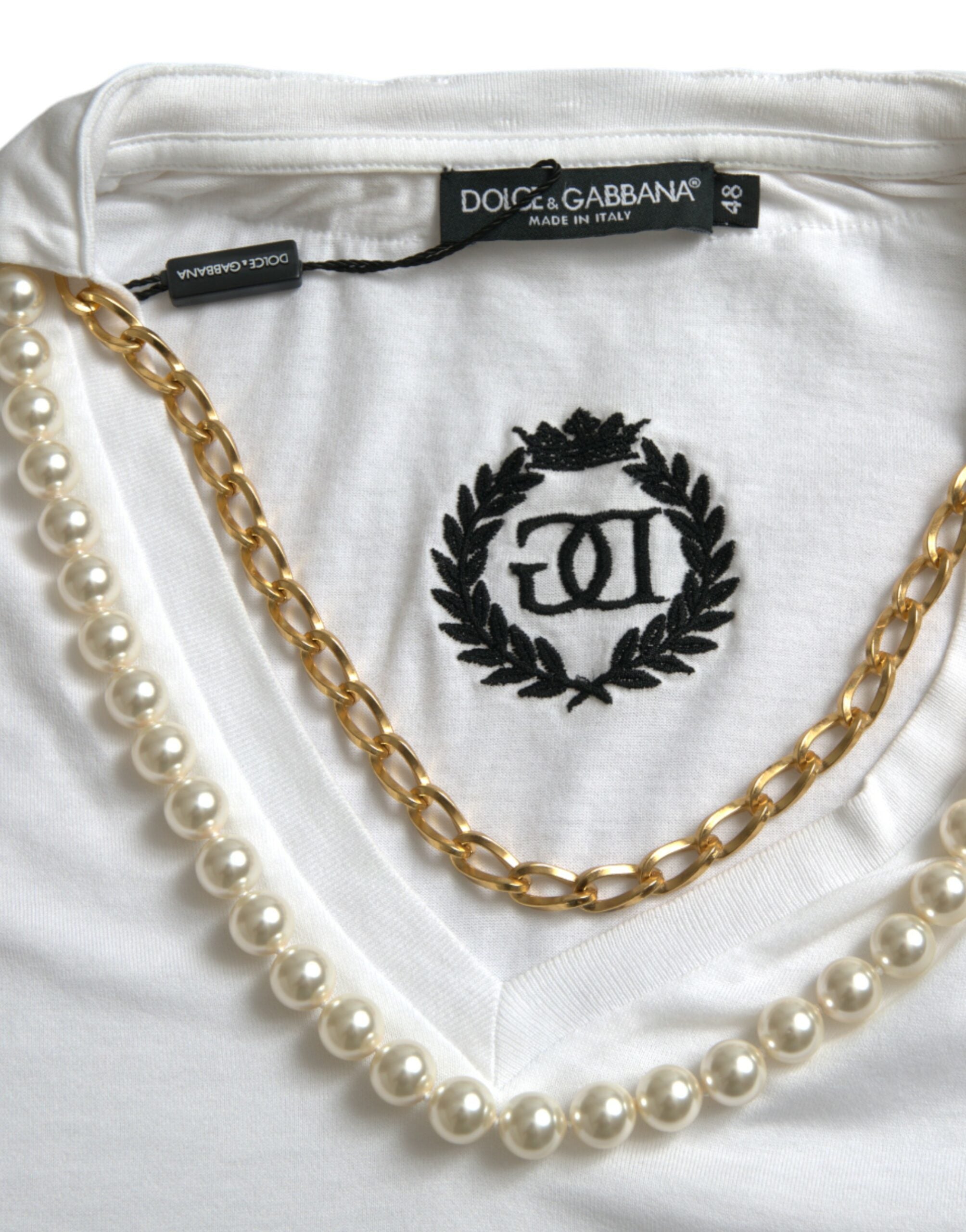 Dolce & Gabbana Elegantes weißes Baumwoll-T-Shirt mit Halskettendetail