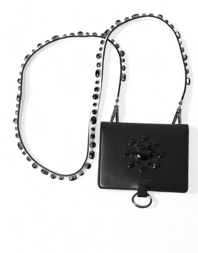 Dolce & Gabbana Elegante schwarze Leder-Kartenetui-Geldbörse mit Kristallen