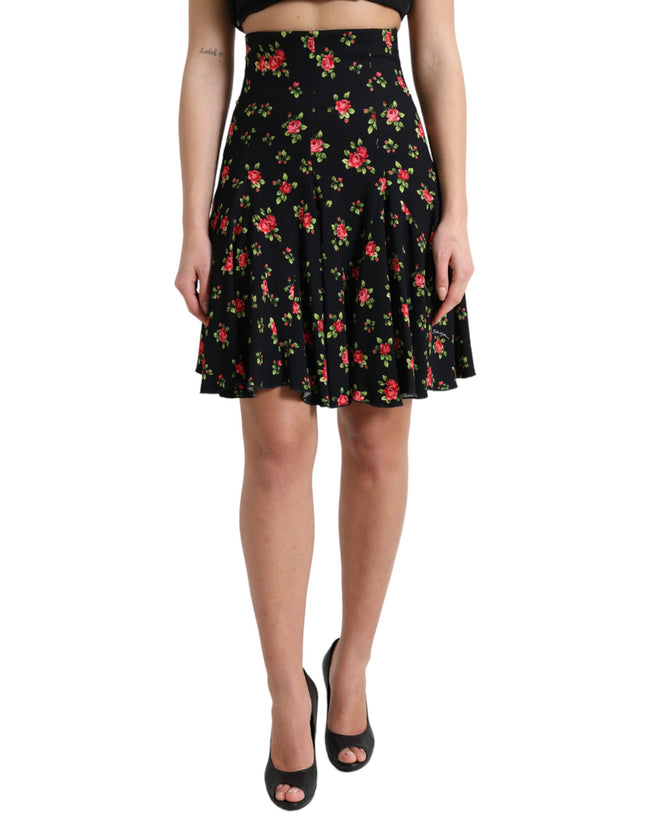 Dolce & Gabbana Minifalda evasé de cintura alta con estampado de rosas negras