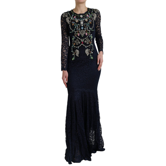 Dolce & Gabbana – Marineblaues ausgestelltes Kleid mit Kristallverzierung