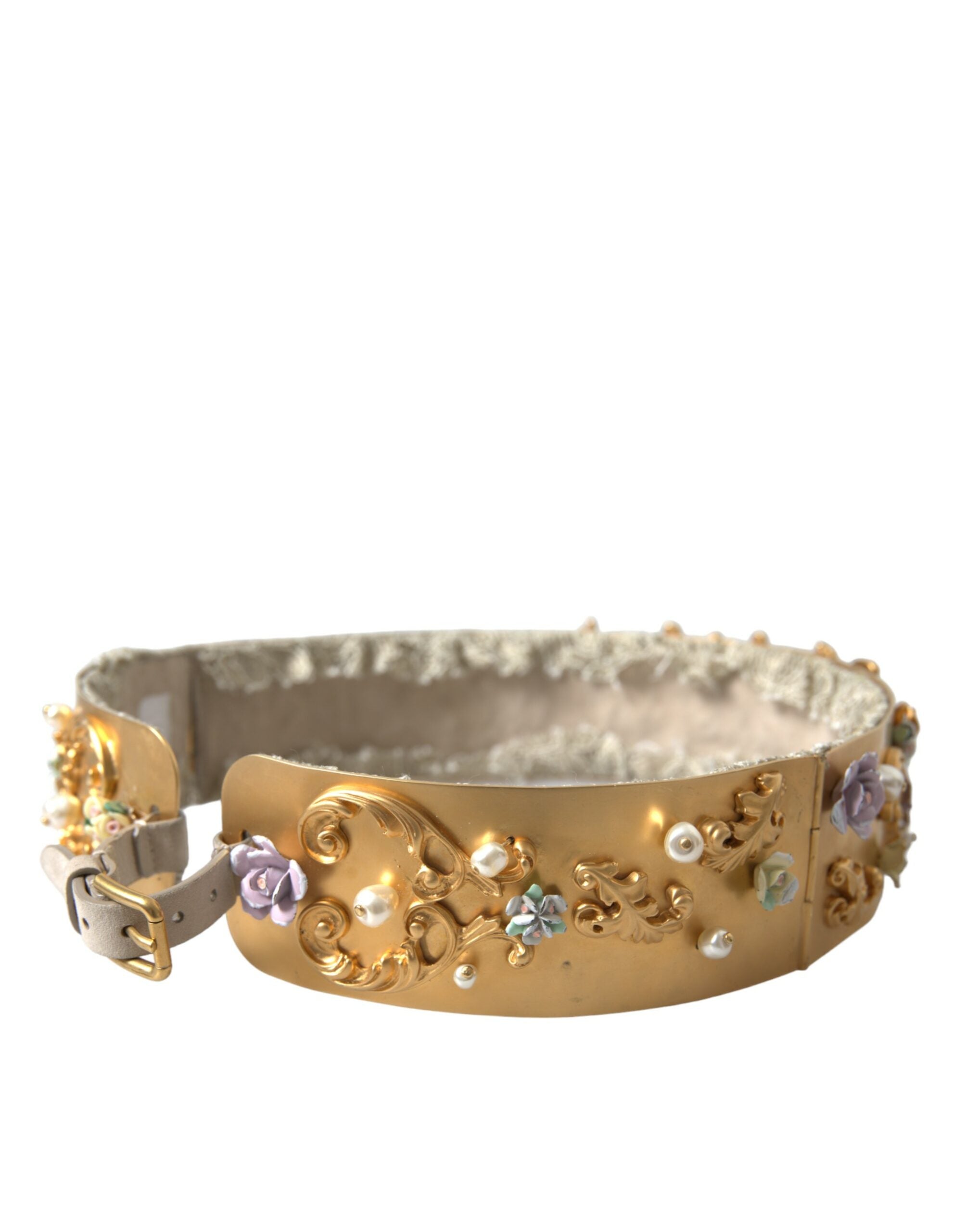Dolce & Gabbana – Eleganter goldfarbener Gürtel mit Kunstperlen und Blumenmuster