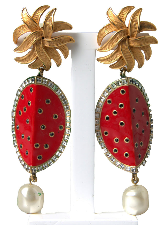 Dolce & Gabbana Pendientes colgantes con clip de cristal de latón dorado y sandía roja