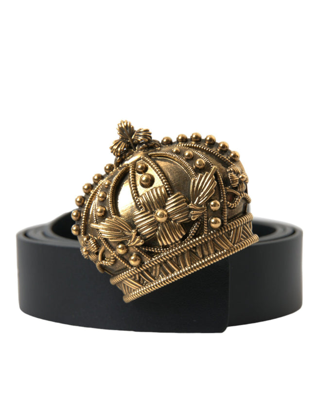 Dolce & Gabbana – Schwarzer Ledergürtel mit goldener Krone und Metallschnalle