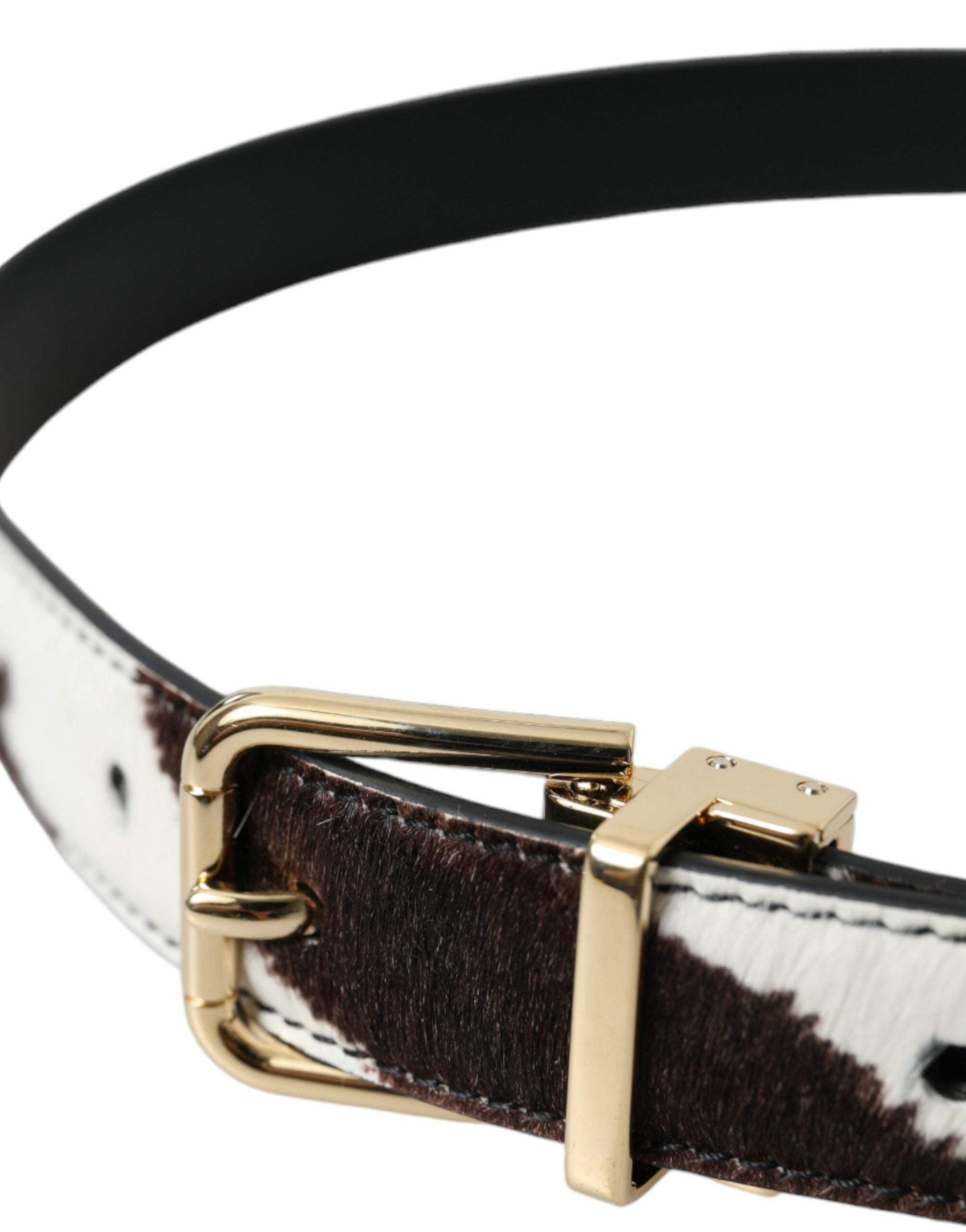 Dolce & Gabbana Braun-weißer Gürtel aus Ponyhaar mit Zebramuster und goldener Schnalle
