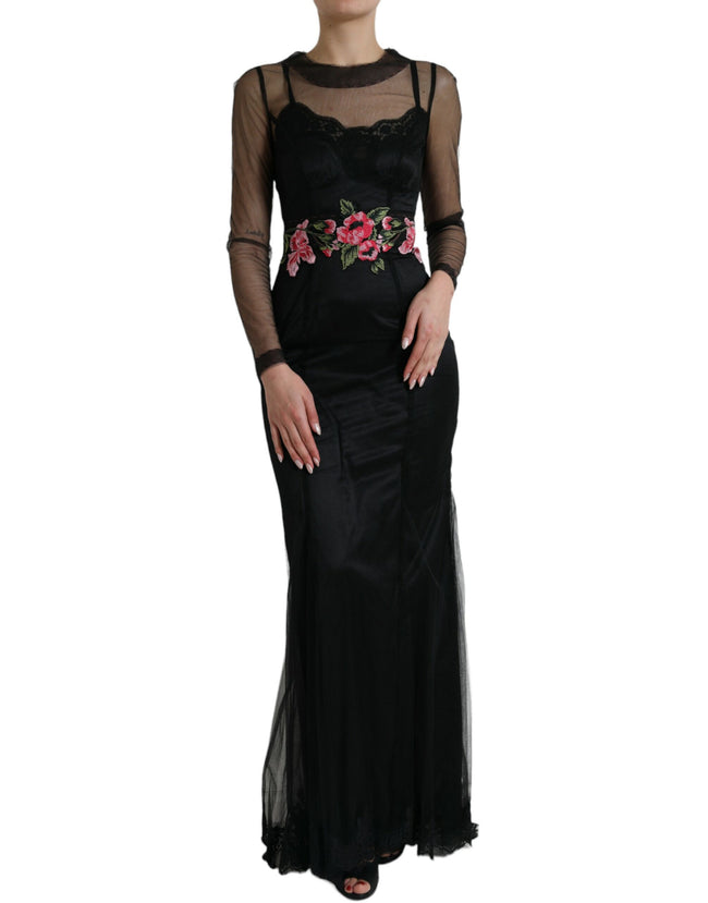 Dolce & Gabbana Vestido de fiesta de tul de malla con bordado floral negro