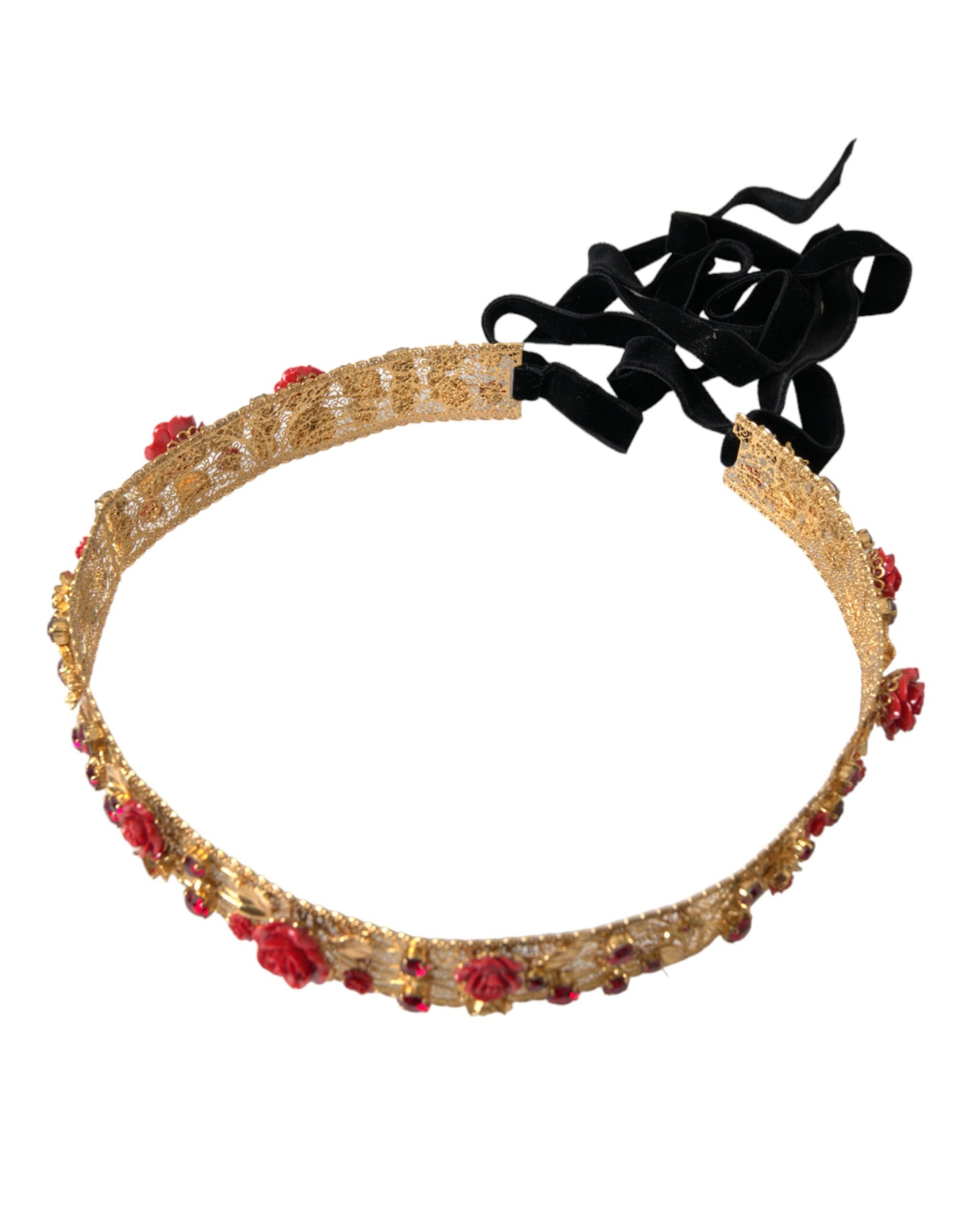 Dolce & Gabbana – Taillengürtel aus goldenem Messing mit roten Rosen und Kristallsteinen
