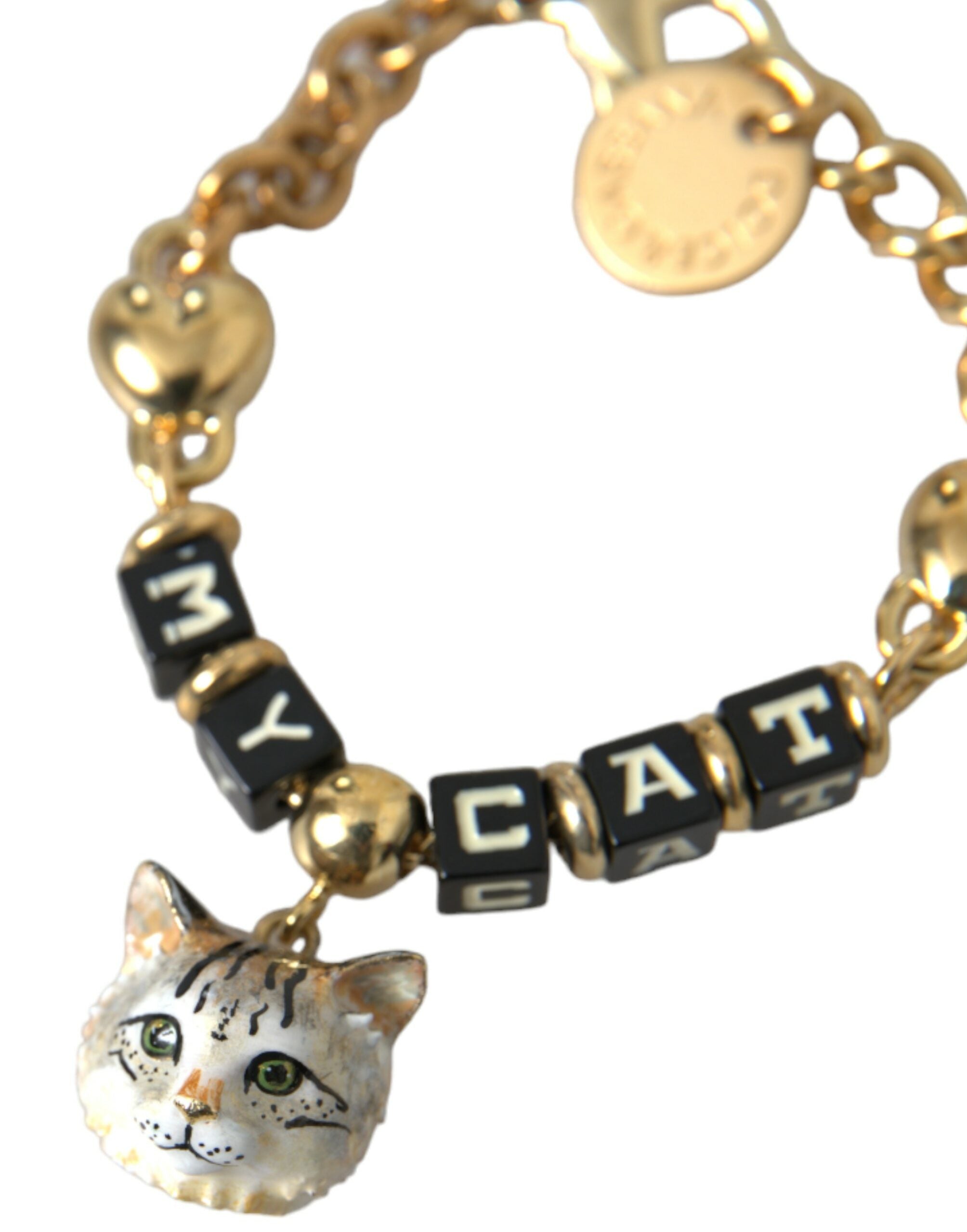 Dolce & Gabbana – Goldfarbenes Messingkettenarmband „MY CAT“ mit Herzmotiv