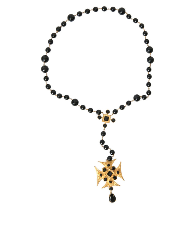 Dolce & Gabbana Gold Tone Brass Cross Black Beaded Chain Rosary Necklace
