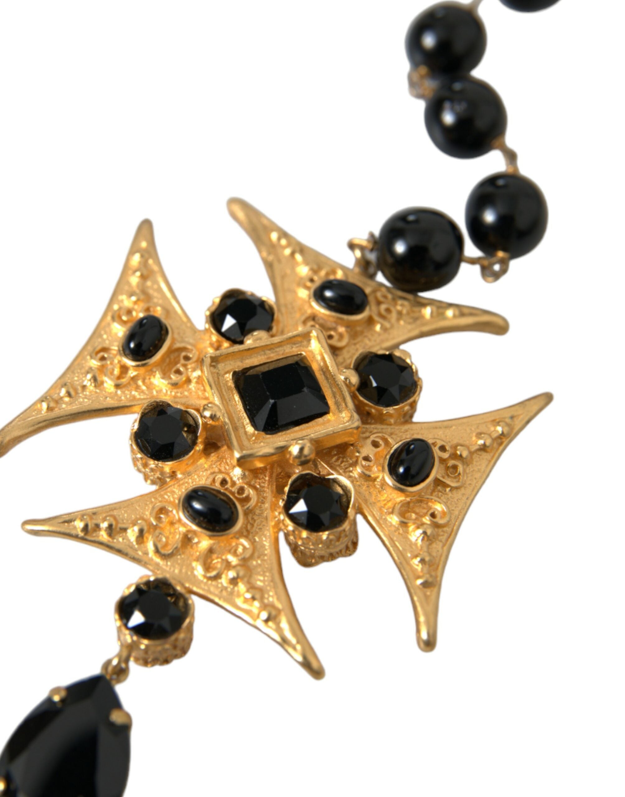 Dolce & Gabbana – Rosenkranz-Halskette aus goldfarbenem Messing mit Kreuz und schwarzen Perlen