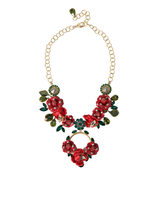 Dolce & Gabbana – Gliederkette aus goldenem Messing mit Rosenblüten-Kristallanhänger