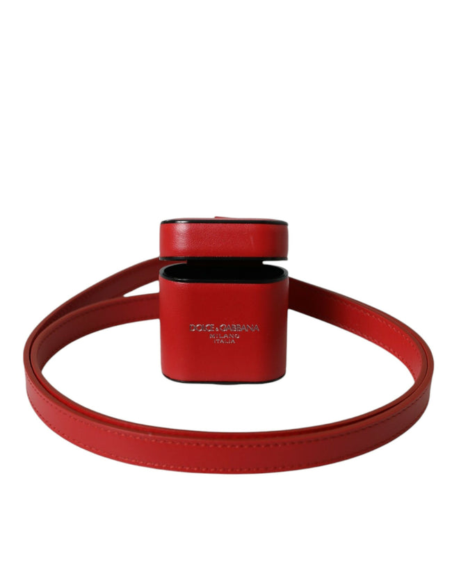 Dolce & Gabbana Red Calfskin Leather Logo Print Strap Men Airpods Case