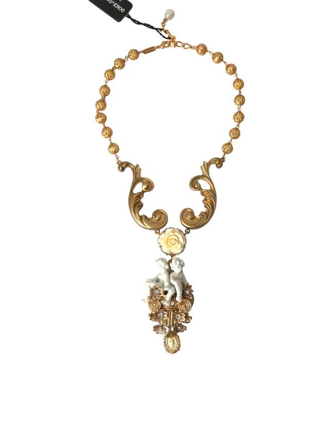 Dolce & Gabbana – Halskette aus goldenem Messing mit Engelsmotiv und Blumenperlenverzierung