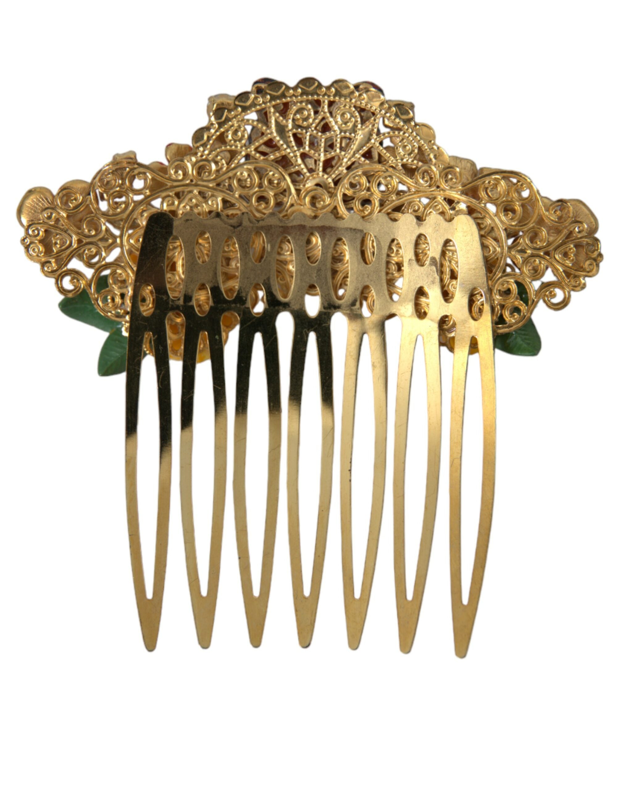 Dolce & Gabbana Gold Brass Crystal Leopard Floral Hair Comb