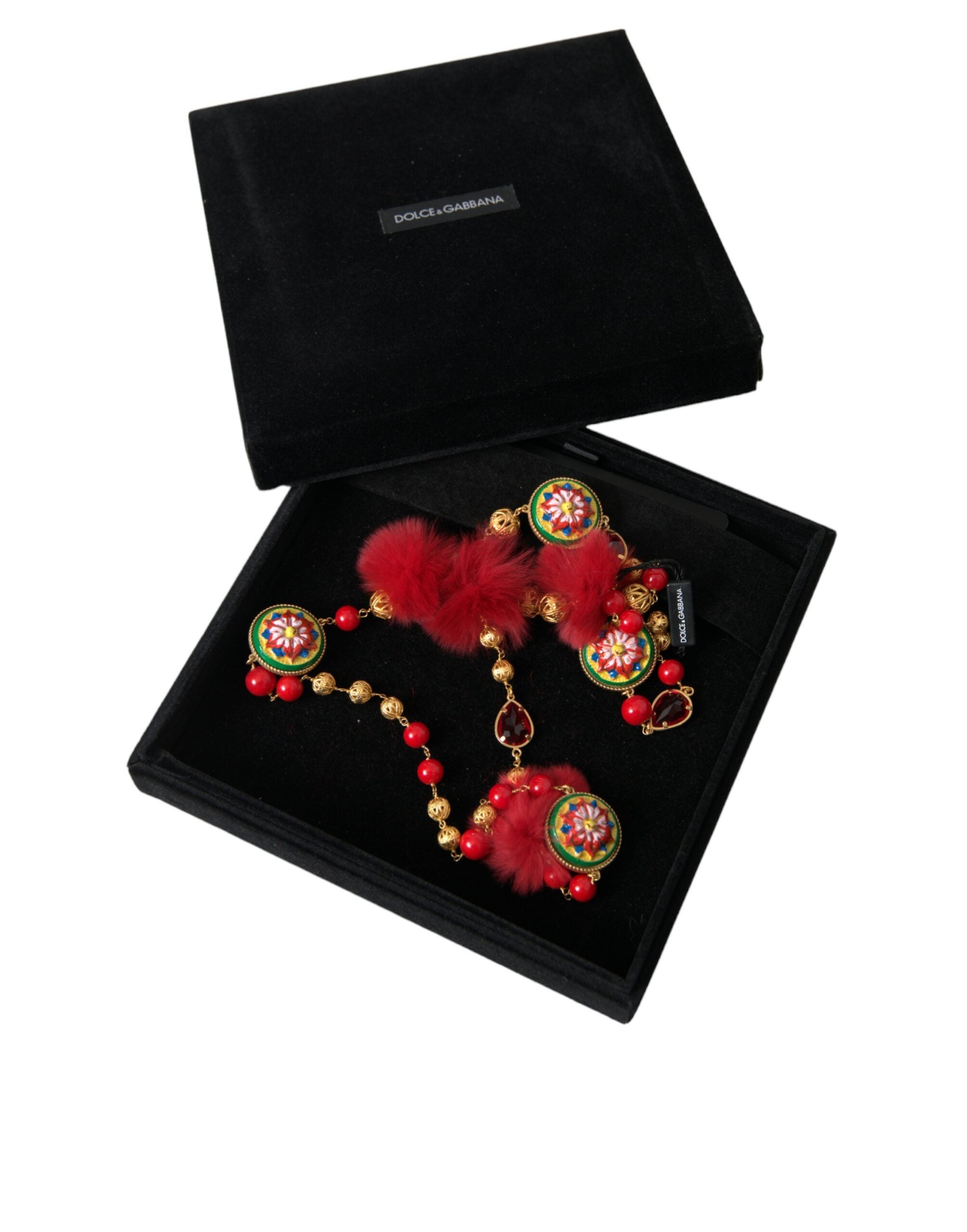 Dolce & Gabbana Halskette mit Carretto-Kette aus goldenem Messing und rotem Pelz und Kristallen