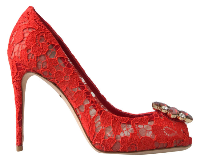 Dolce & Gabbana Zapatos de tacón con tacón de cristal y encaje Taormina rojo