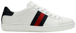 Gucci Wmns Ace 'White Blue Red' sneaker in white leather with red and blue Web stripe and metallic heel tabs.