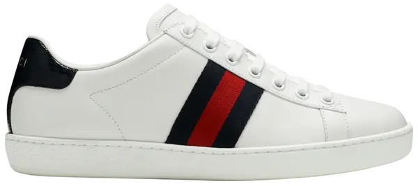 Gucci Wmns Ace 'White Blue Red' sneaker in white leather with red and blue Web stripe and metallic heel tabs.