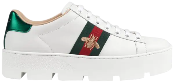 Gucci Wmns Ace Embroidered Platform 'White' sneaker with bee-embroidered Web stripe and elevated sole.
