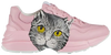 Gucci Wmns Rhyton 'Mystic Cat - Light Pink' sneaker with vintage-style black cat graphic on pastel leather upper.

