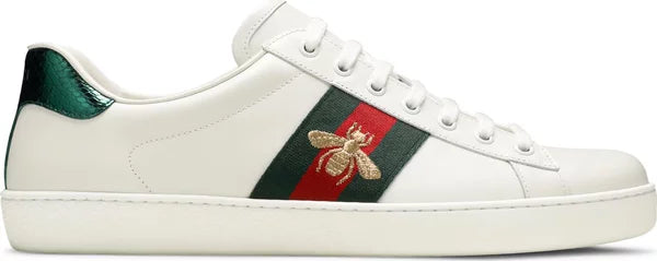 Gucci Ace Embroidered 'Bee' sneaker in white leather with red and green Web stripe and gold bee embroidery.