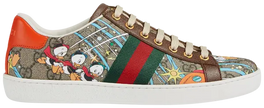 Disney x Gucci Wmns Ace sneaker in beige and ebony GG Supreme leather with embroidered Huey, Dewey, and Louie characters.