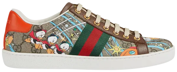 Disney x Gucci Wmns Ace sneaker in beige and ebony GG Supreme leather with embroidered Huey, Dewey, and Louie characters.