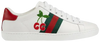 Gucci Wmns Ace GG sneaker in white leather with green-red Web stripe and cherry embroidery.

