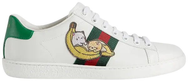 Gucci Wmns Ace 'Bananya' sneaker in white leather with green heel tab and Bananya anime character graphic.
