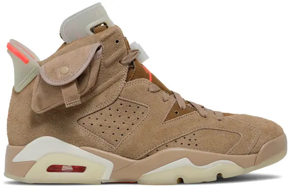 Travis Scott x Air Jordan 6 'British Khaki' in tan suede with canvas overlays, stash pocket, and crimson branding.