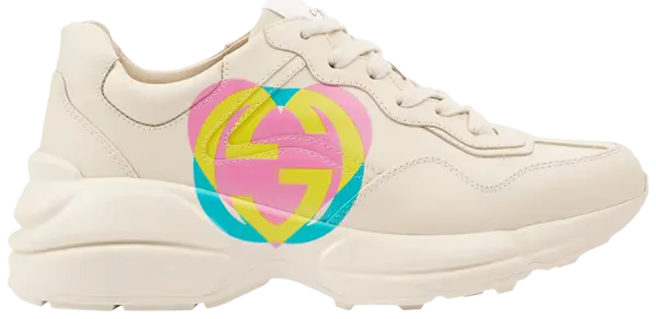 Gucci Wmns Rhyton 'Heart - Ivory' sneaker with cream leather upper and red heart graphic.

