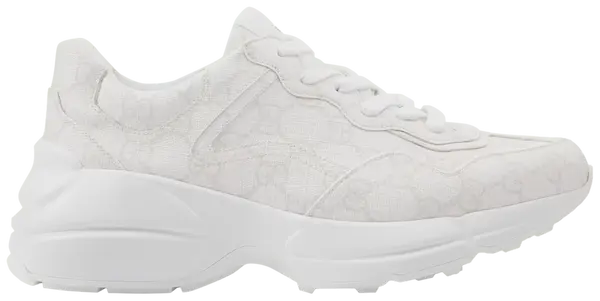 Gucci Wmns Rhyton 'White Monogram' sneaker in white GG monogram canvas with thick rubber sole and lace closure.

