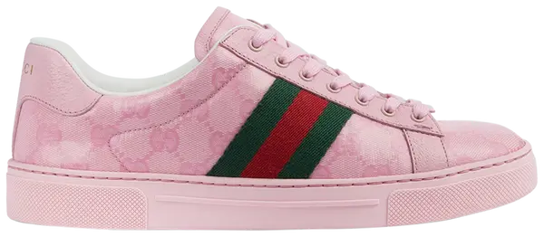 Gucci Wmns Ace 'GG Crystal Canvas - Pink' with glitter monogram canvas upper, green-red Web stripes, and pink leather accents.