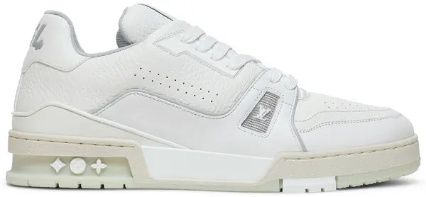 Louis Vuitton Trainer Low 'White' with all-white leather upper, embossed branding, and monogram rubber outsole.