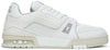 Louis Vuitton Trainer Low 'White' with all-white leather upper, embossed branding, and monogram rubber outsole.
