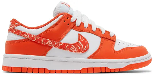 Nike Dunk Low Women’s 'Orange Paisley' sneaker with white leather upper, orange overlays, and paisley print Swoosh.