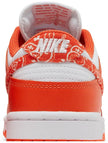 Nike Dunk Low Women’s 'Orange Paisley' sneaker with white leather upper, orange overlays, and paisley print Swoosh.