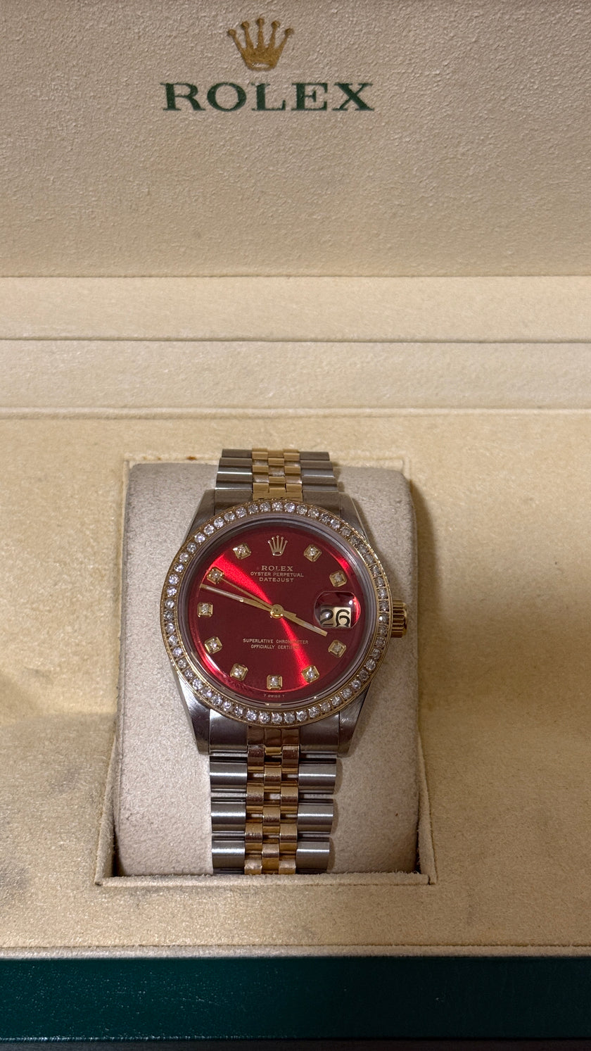 Pre-Owned Rolex 36MM Two-Tone YG-SS – Red Dial with 1ct Diamond Accents, Cutom Damiond Dial and Jubilee 18K Gold Bracelet (Model 1601)