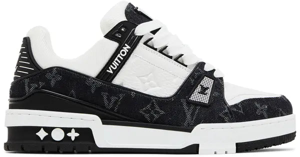 Louis Vuitton Trainer 'Denim Noir' 2022 sneaker with white leather upper, black denim panels, and tonal monogram details.


