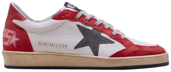 Golden Goose Ball Star sneaker in white leather with red star and heel tab, distressed finish.