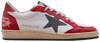 Golden Goose Ball Star sneaker in white leather with red star and heel tab, distressed finish.