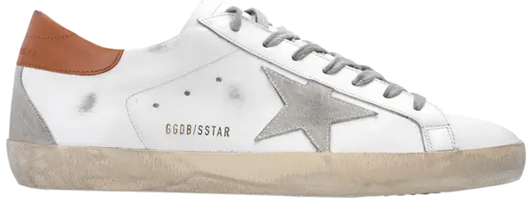 Golden Goose Superstar sneaker in white leather with light brown suede star and grey heel tab, vintage scuffed sole.