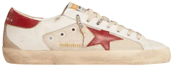 Golden Goose Superstar 'White Red Mesh' sneaker with white leather upper, red mesh panels, and distressed sole.