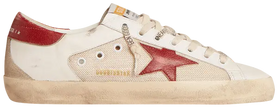 Golden Goose Superstar 'White Red Mesh' sneaker with white leather upper, red mesh panels, and distressed sole.